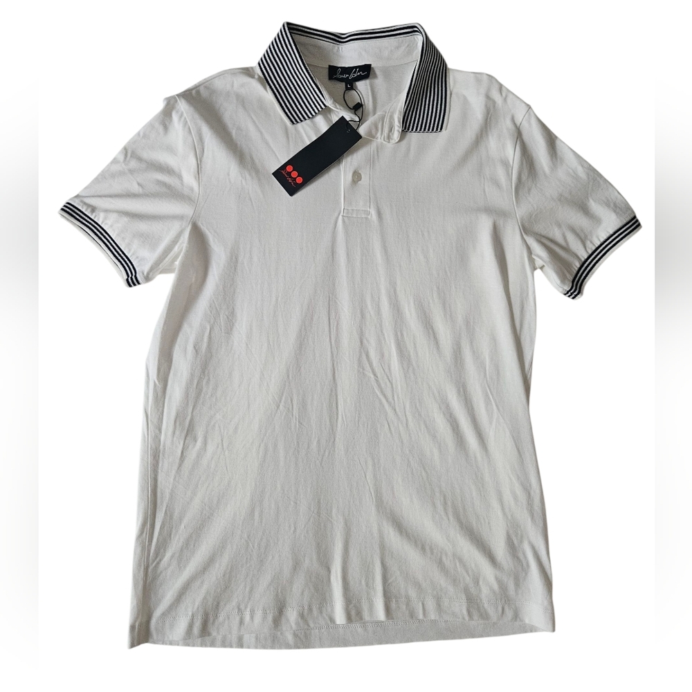 NWT SAM COLIN Navy Stripe Collar White Cotton Polo | SZ L